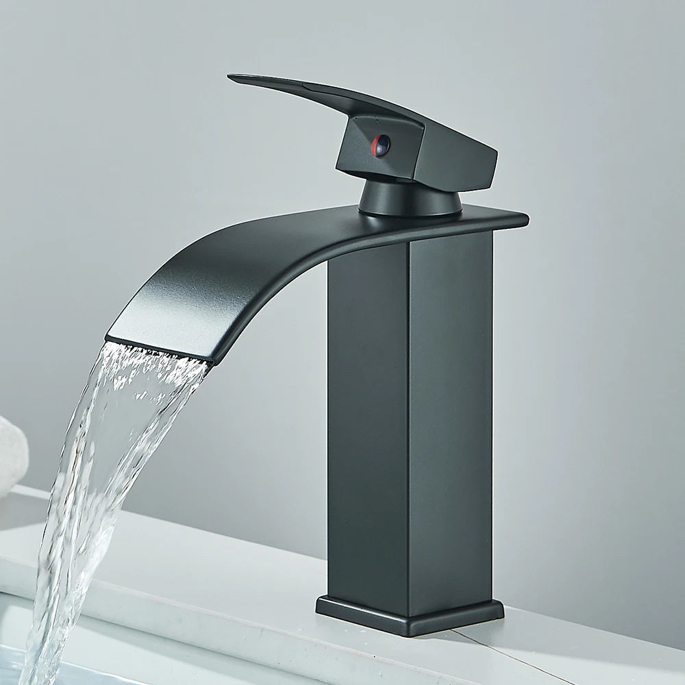 Matte Black Waterfall Basin Faucet - Single-Handle Mixer Tap for Bathroom Sink (Deck-Mounted, Hot & Cold)