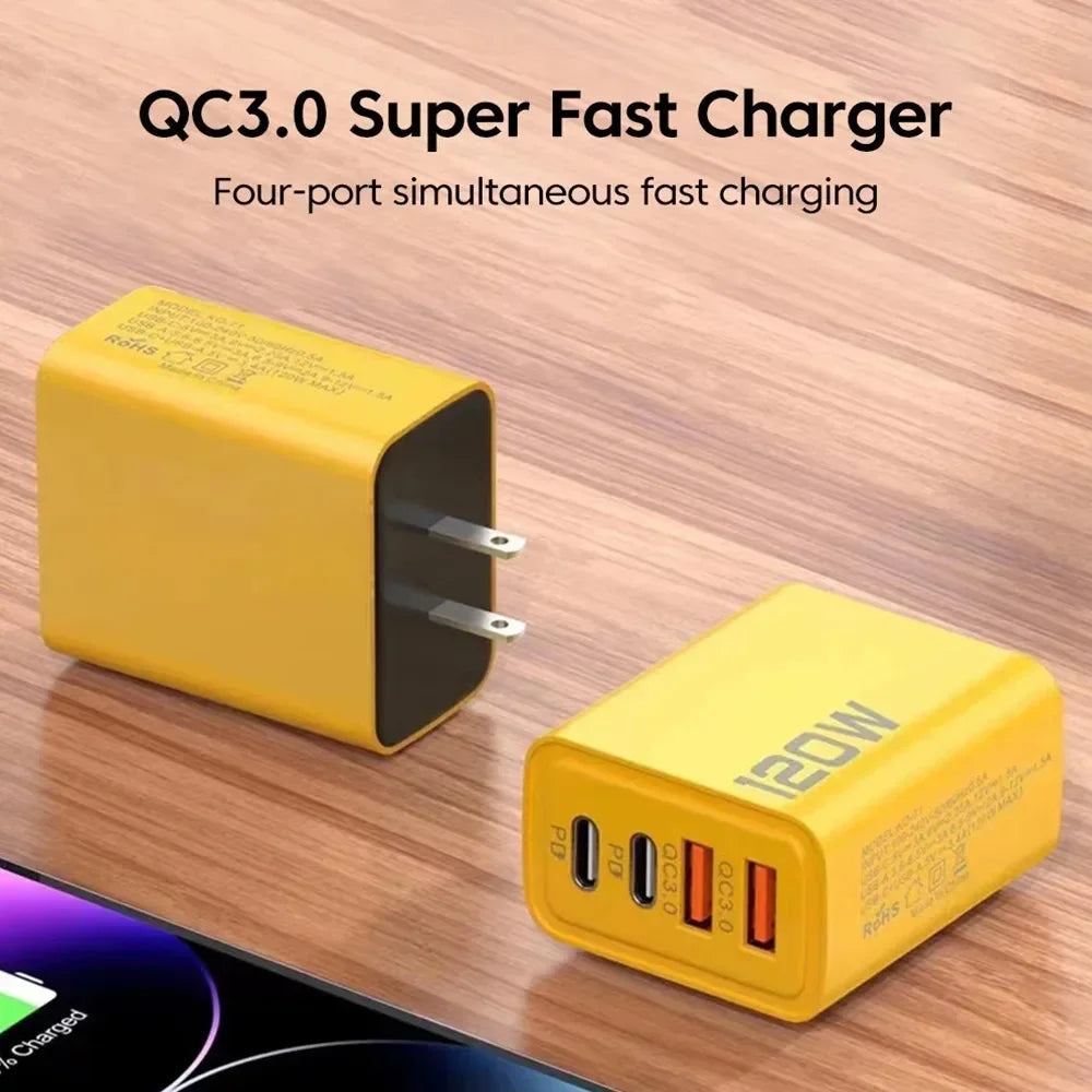 120W 4-Port PD Fast Charger Wall Adapter – 2 USB-C & 2 USB-A Quick Charge with US/EU Plugs