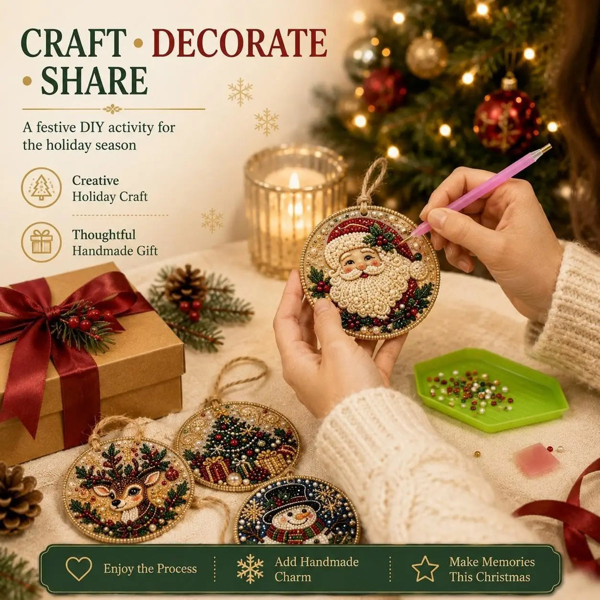 6-Pack DIY Pearl & Diamond Christmas Ornaments with Jute Twine, Hanging Holiday Decorations