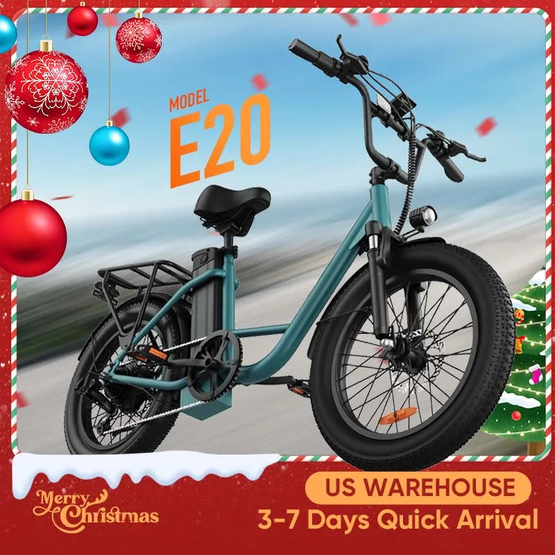 1000W Electric Fat Tire E-Bike 48V 13Ah Removable Battery, 20"x3" (50.8x7.6 cm), 7-Speed, Dual Disc Brakes, Up to 60+ km Range
