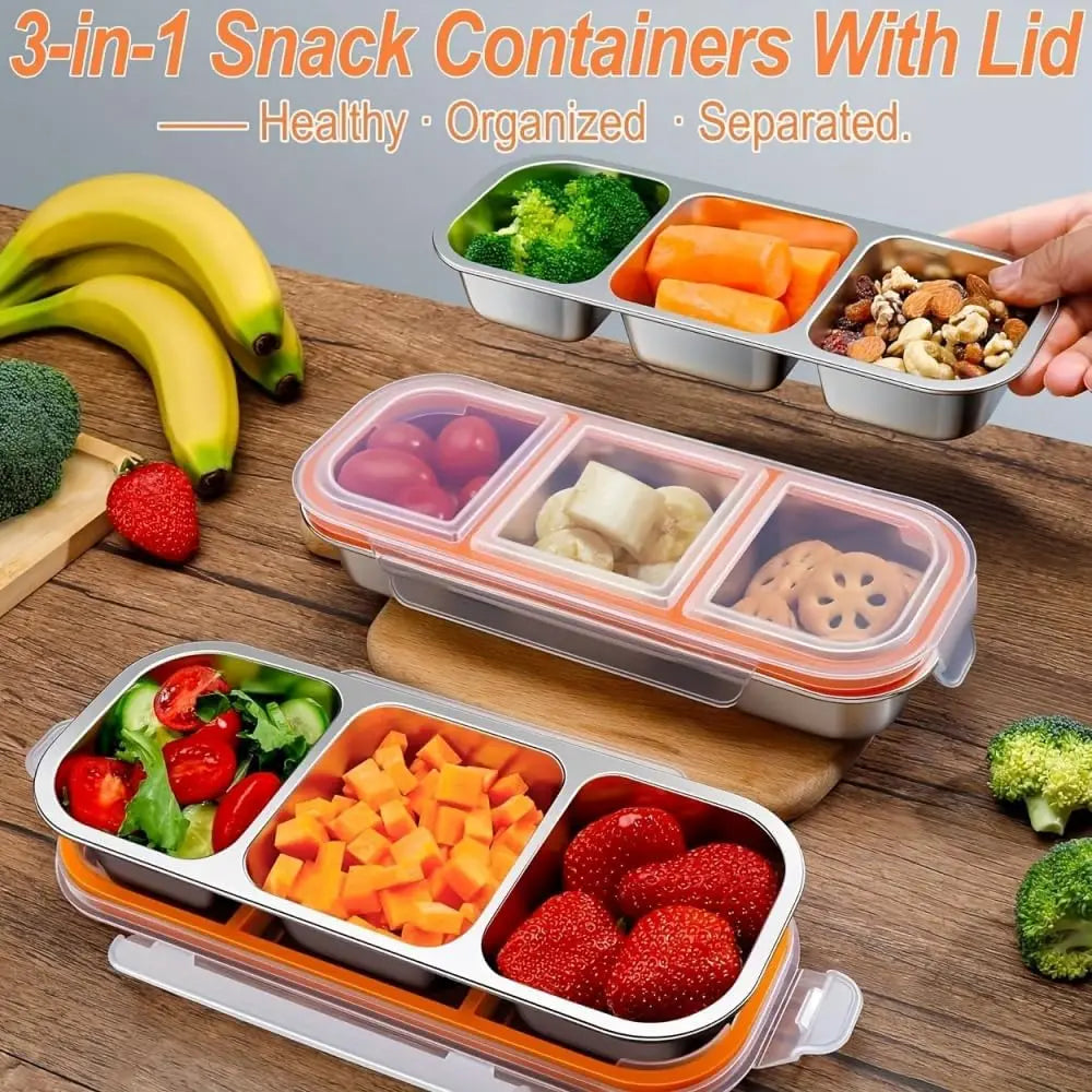 304 Stainless Steel Divided Lunch Box, 3-Compartment Portable Food Container with Lid, Dishwasher Safe for School Office Travel