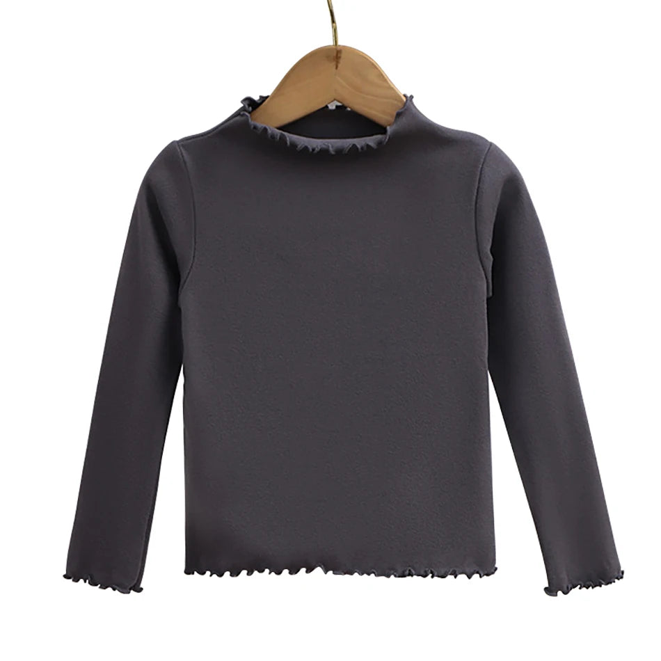 Girls Turtleneck Long Sleeve Lettuce-Edge Knit Tee – Solid Color Autumn Winter Top