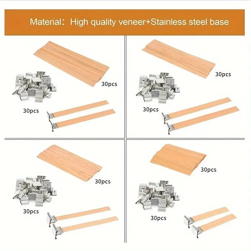 30-Pack Premium Wooden Candle Wicks with Metal Clip Bases for Candle Making – Paraffin & Beeswax Smokeless Wicks