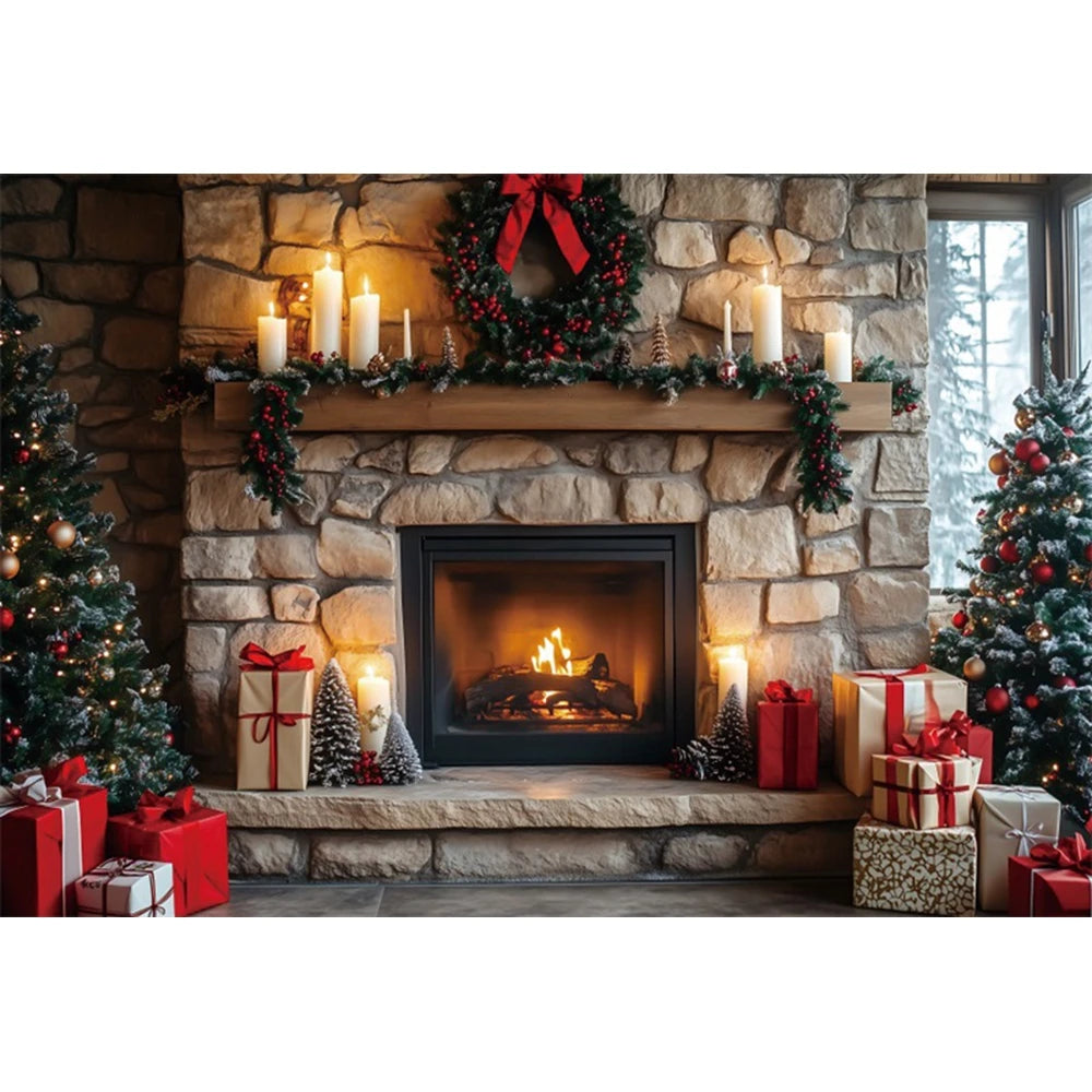 Christmas Fireplace Photography Backdrop — Gingerbread House & Wooden Window Holiday Photo Background for Kids & Family