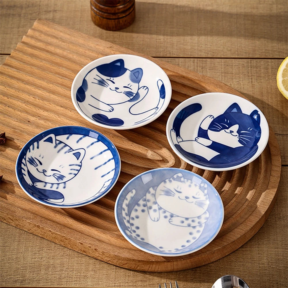 Japanese-Style Ceramic Lucky Cat Sauce Dish - Cute Dessert & Sushi Plate (1 or 4-Pack)