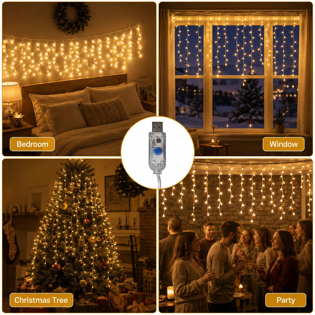 USB LED Icicle Curtain String Lights — 6M (19.7 ft) 100 LED & 10M (32.8 ft) 200 LED, 8 Modes for Window, Porch, Roof, Holiday & Halloween Christmas Decor