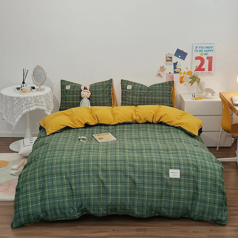 100% Cotton Plaid Stripe Duvet Cover Set - 3-Piece Breathable Washed Twill Bedding (1 Duvet Cover + 2 Pillowcases)
