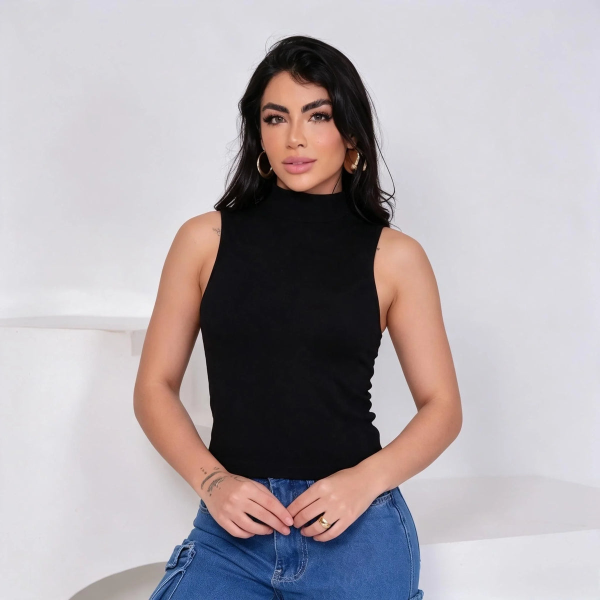 High Neck Ribbed Sleeveless Tank Top with Cutout Shoulder, Chic Women's Summer Knit