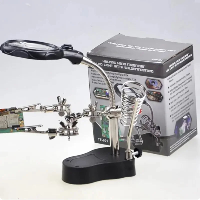 LED Clip Magnifier Helping Hand for Soldering and Circuit Board Repair 3.5x 12x Stand Holder