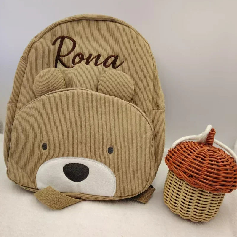 Personalized Toddler Backpack – Cartoon Bear Corduroy Plush with Embroidered Name, Large Capacity Kids Bag
