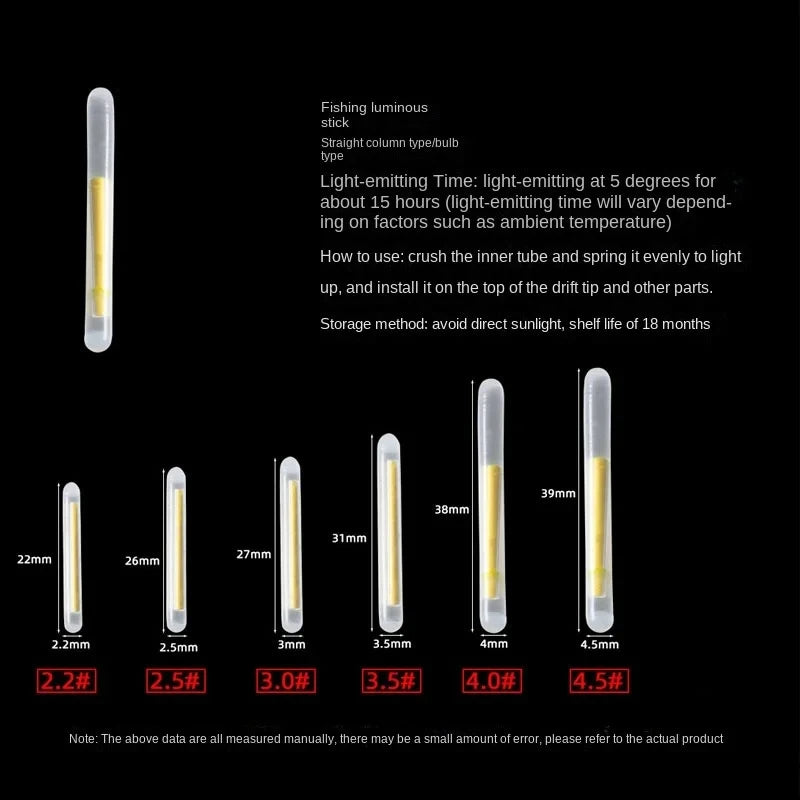 50/100-Pack Fluorescent Firefly Fishing Rod Lights – Glow Night Float Lights, Sizes 2.2–4.5mm (0.09–0.18 in)