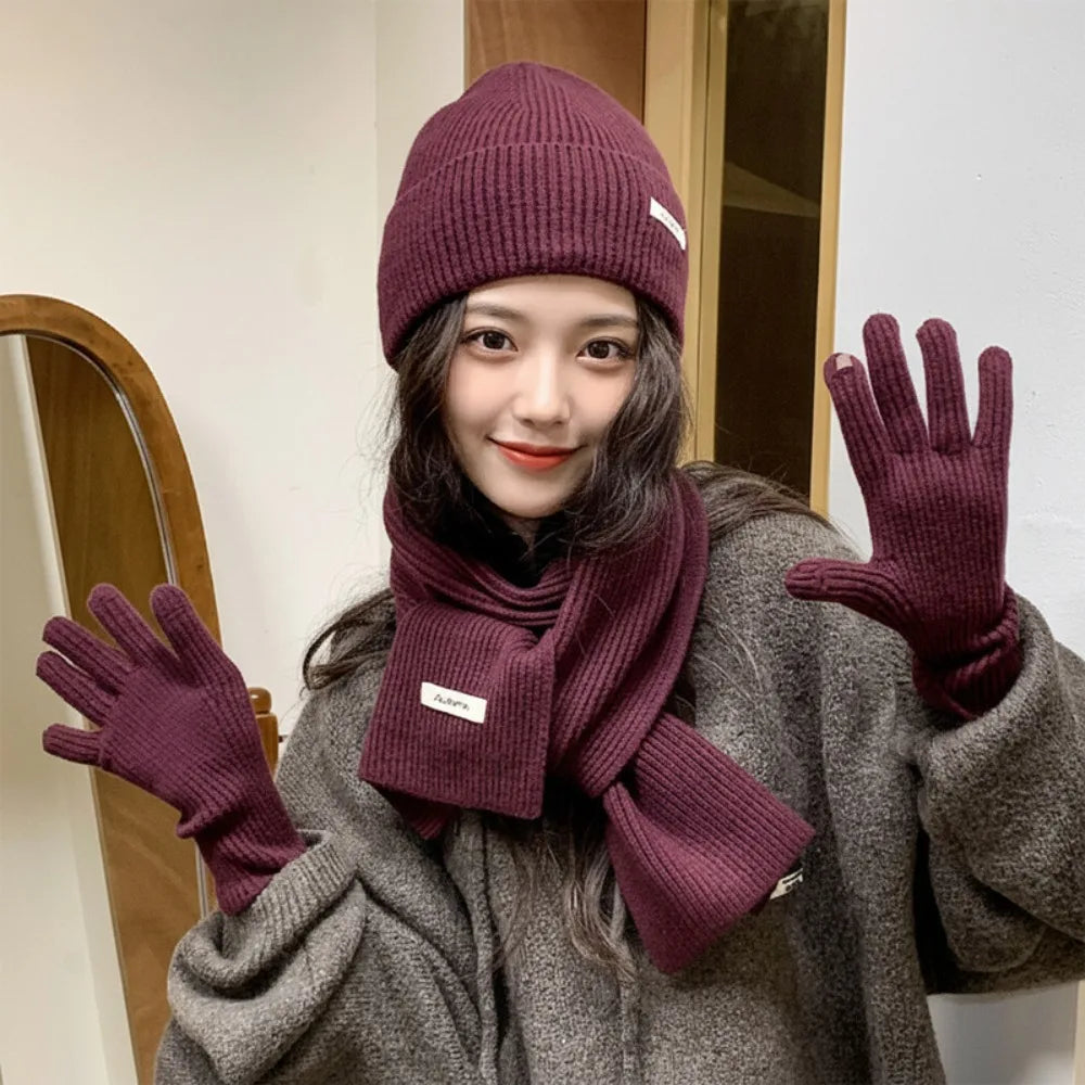Women's 3-Piece Red Knit Cotton Hat, Scarf & Gloves Set — Thick Winter Beanie with Ear Protection, Warm Holiday Gift
