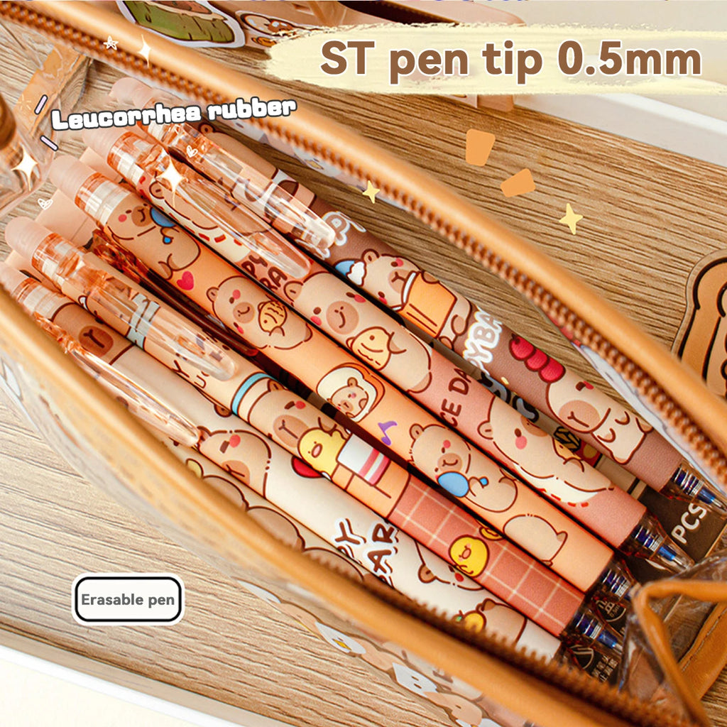 Capybara Erasable Gel Pens 6-Pack Refillable 0.5mm Smudge-Free Cute Animal Stationery for School & Office