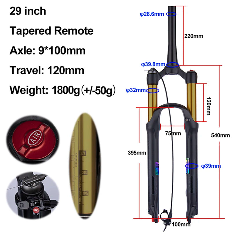 MTB Air Suspension Fork — 120mm Travel, Rebound Adjustable, 26/27.5/29 in, 9x100mm Quick Release, Disc Brake Compatible