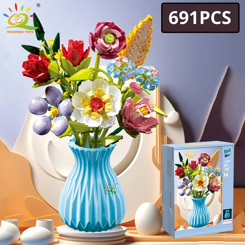 MOC Flower Building Blocks 3D Bouquet Kit - Sunflower & Rose DIY Brick Set, Small LEGO-Compatible Pieces, Educational Toy & Home Decor