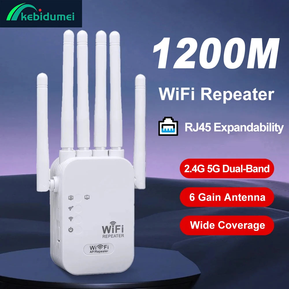 AC1200 Dual-Band WiFi Range Extender 1200Mbps (5GHz 867Mbps + 2.4GHz 300Mbps) 6 High-Gain Antennas Wireless Repeater & Signal Booster