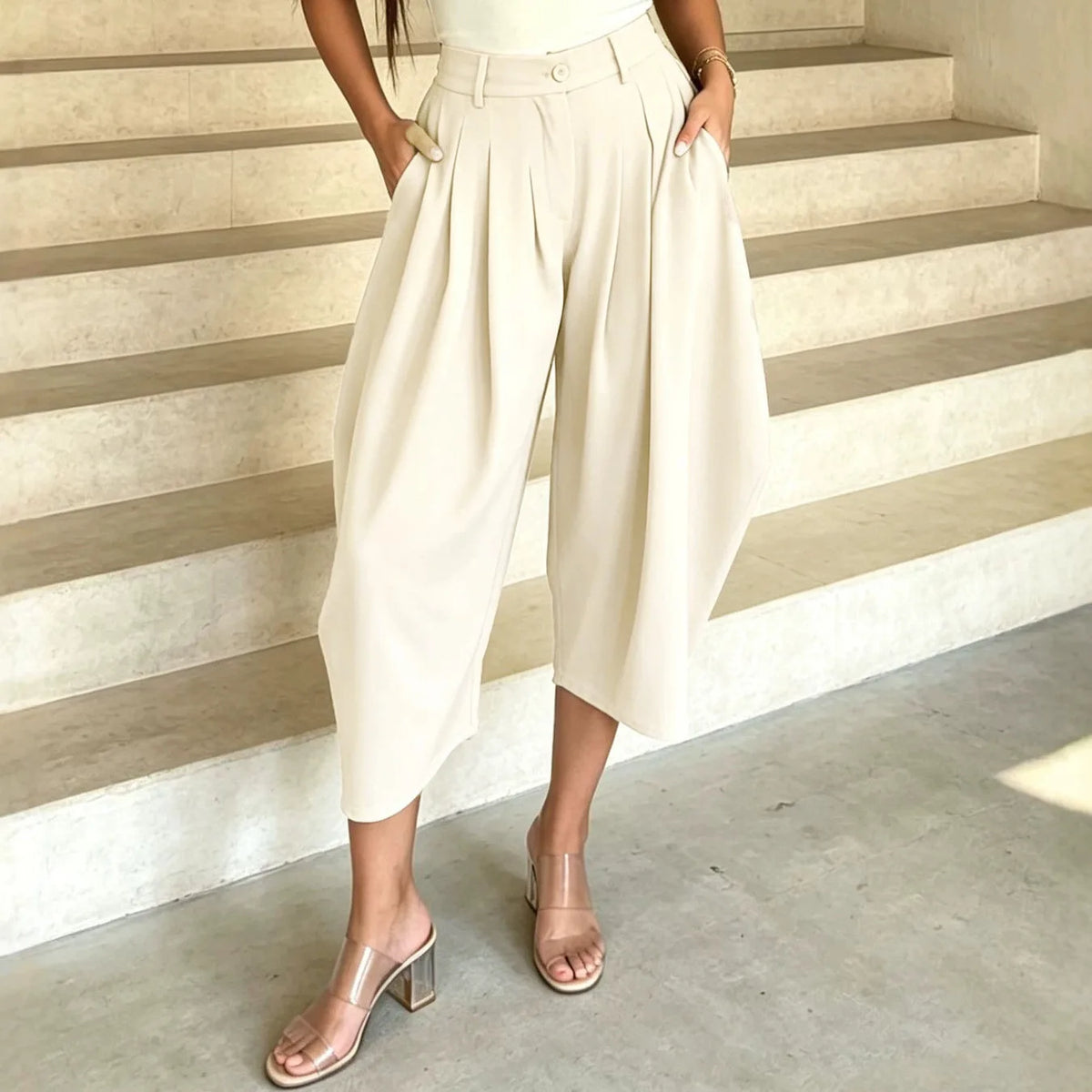Women's High-Waist Summer Wide-Leg Casual Pants Loose Calf-Length
