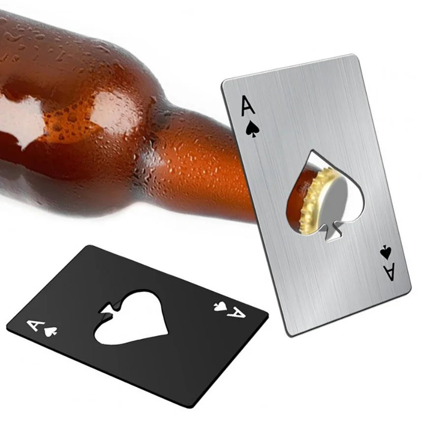 Poker-Shaped Credit Card Bottle Opener — Stainless Steel Wallet-Sized (85 x 54 mm / 3.35 x 2.13 in) Bar & Can Opener