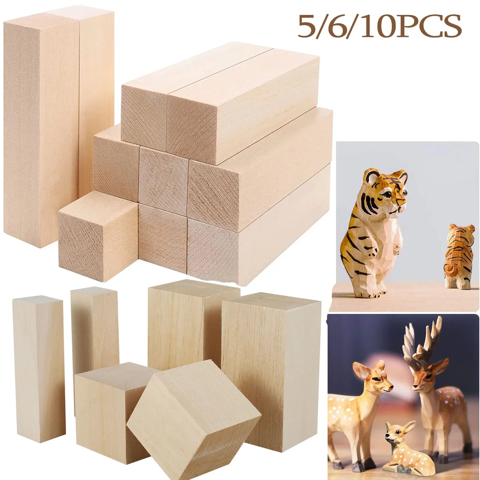 5-Piece Basswood Carving Block Set — 1 block 4×2×2 in (10×5×5 cm) + 4 blocks 4×1×1 in (10×2.5×2.5 cm) Unfinished Wood for Carving, Whittling & DIY Crafts