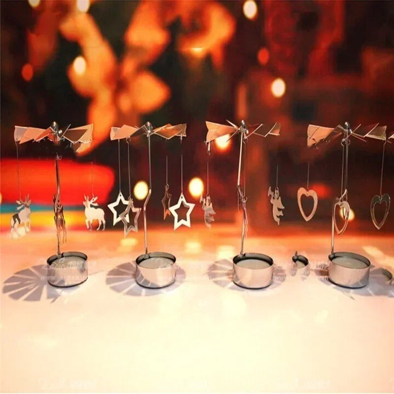 Spinning Metal Carousel Tea Light Candle Holder, Rotating Christmas Candelabra for Home Decor (3.15 x 5.12 in / 8 x 13 cm)