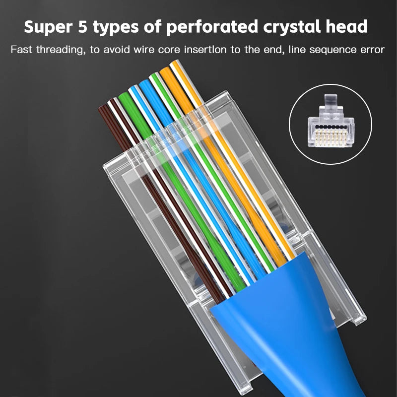50-Pack Cat6 RJ45 Ethernet Connectors — Unshielded Perforated Crystal Head