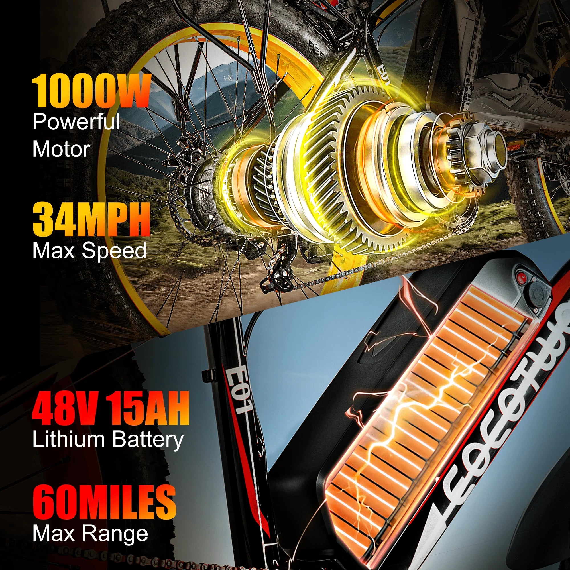 Adult Electric Fat Tire Bike 26-inch (66 cm), 1000W Motor (up to 1500W peak), 34 MPH (55 km/h), 60‑Mile Range, 4.0-inch Tires