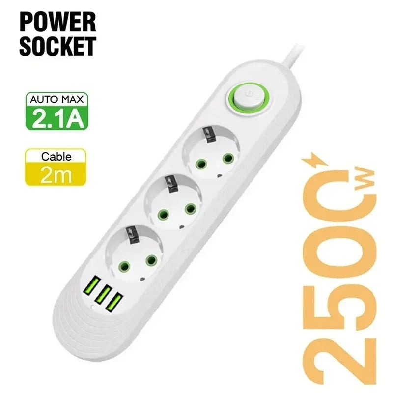 2500W EU Power Strip — 5-Outlet Extension Cord with 3 USB Ports, 2.0m (6.6ft) Cable, Overload Protection