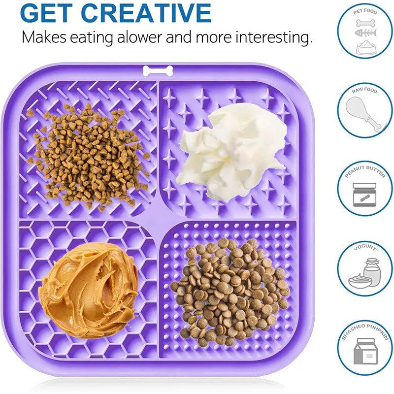 Silicone Pet Licking Mat with Suction Cup – 4-Section Slow Feeder for Dogs & Cats, 7.87 x 7.87 in (20 x 20 cm)