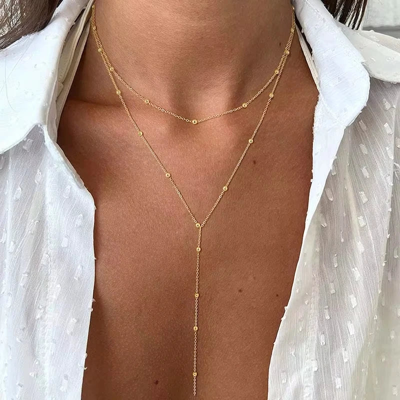 Gold-Plated Stainless Steel Lariat Necklace - Dainty Long Y-Shape Layered Pendant for Women & Girls