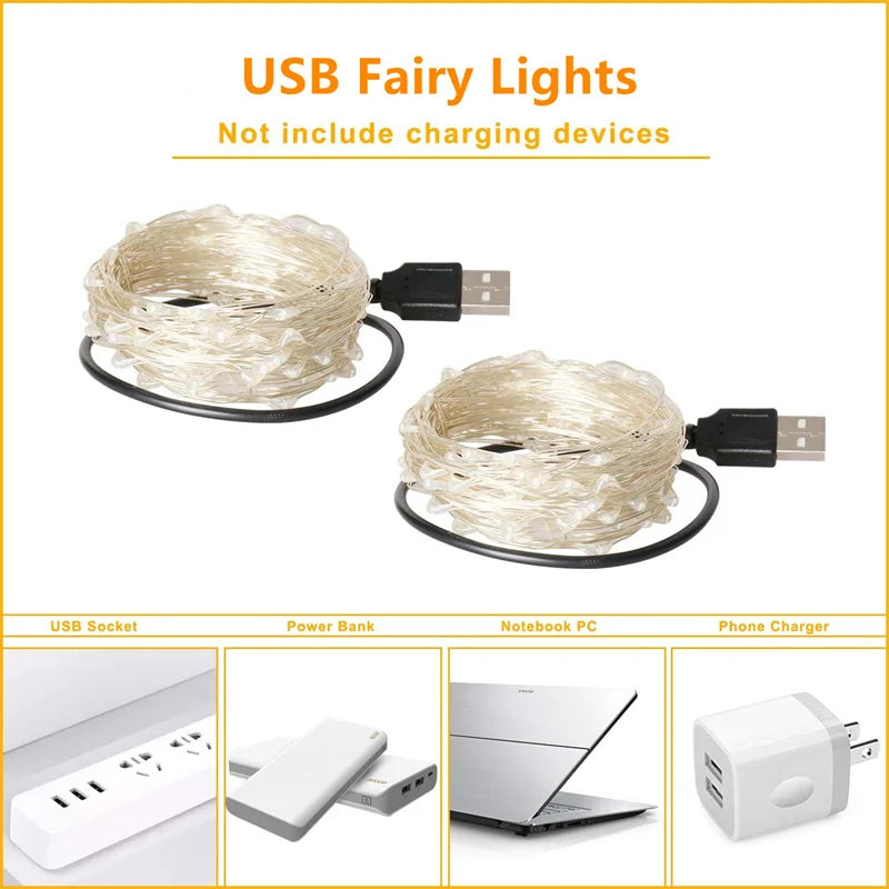 USB Copper Wire Fairy Lights 20m (65ft) 200 LED Outdoor String Lights – USB 5V Warm White & Multi-Color