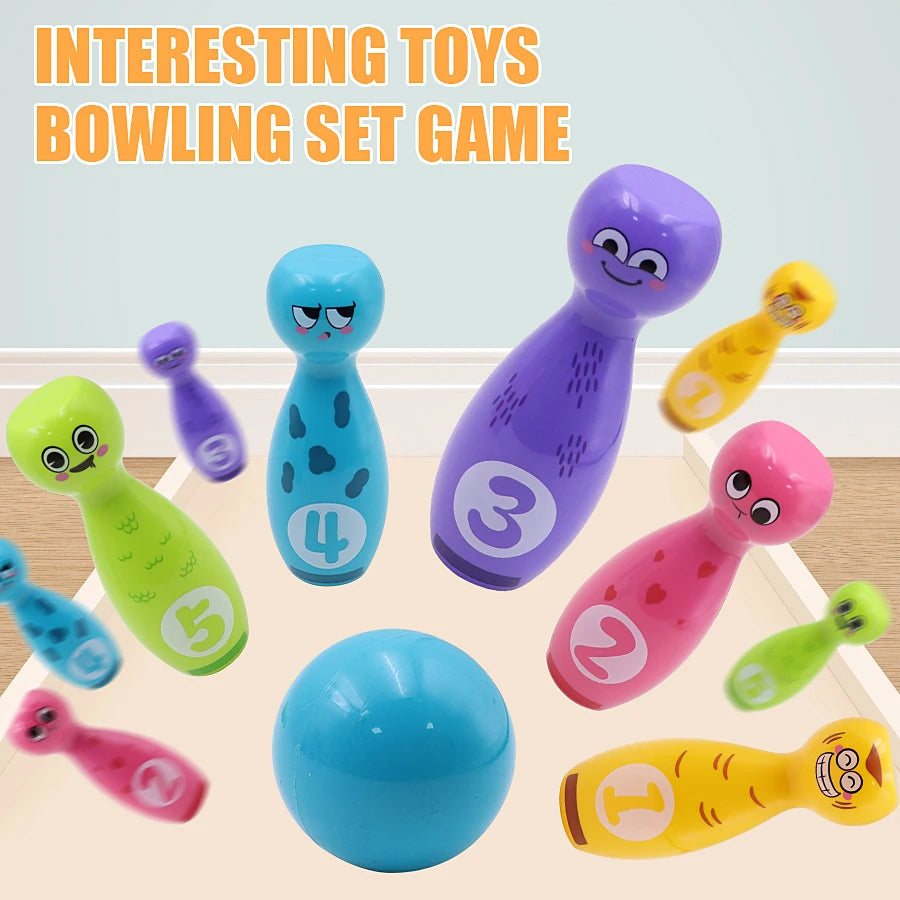 Kids Cartoon Bowling Set, 10 Pins & 2 Balls with Expressive Faces, Gift Box for Indoor & Outdoor Party Games