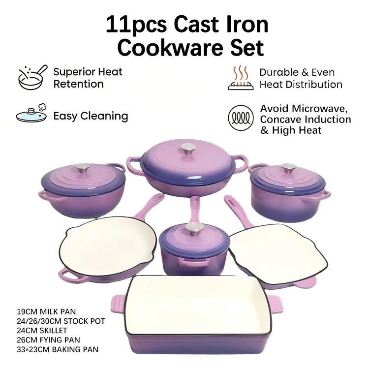 11-Piece Enamel Cast Iron Cookware Set – Induction & Oven Safe Pots, Skillet & Baking Pan (19cm, 24/26/30cm, 24cm, 26cm, 33×23cm)