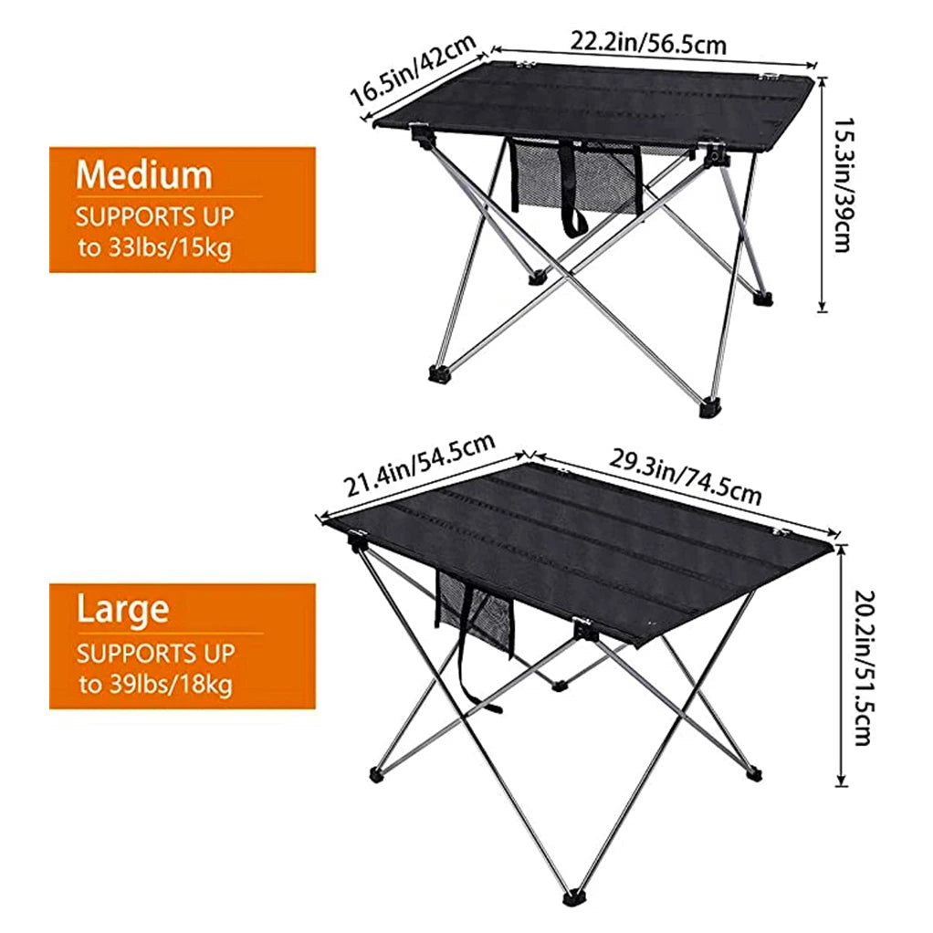 Ultralight Aluminum Folding Camping Table – Portable Roll-Up Picnic & Hiking Table with Carry Bag, Two Sizes (30×22×20.5 in / 76×56×52 cm; 22×17×15.4 in / 56×43×39 cm)