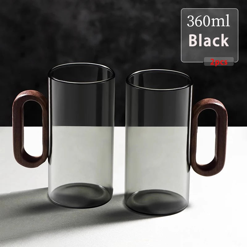 2/4/6-Pack Borosilicate Glass Mugs with Walnut Wooden Handle, 360 ml (12.2 fl oz) Heat-Resistant Teacup Set for Coffee, Milk & Juice