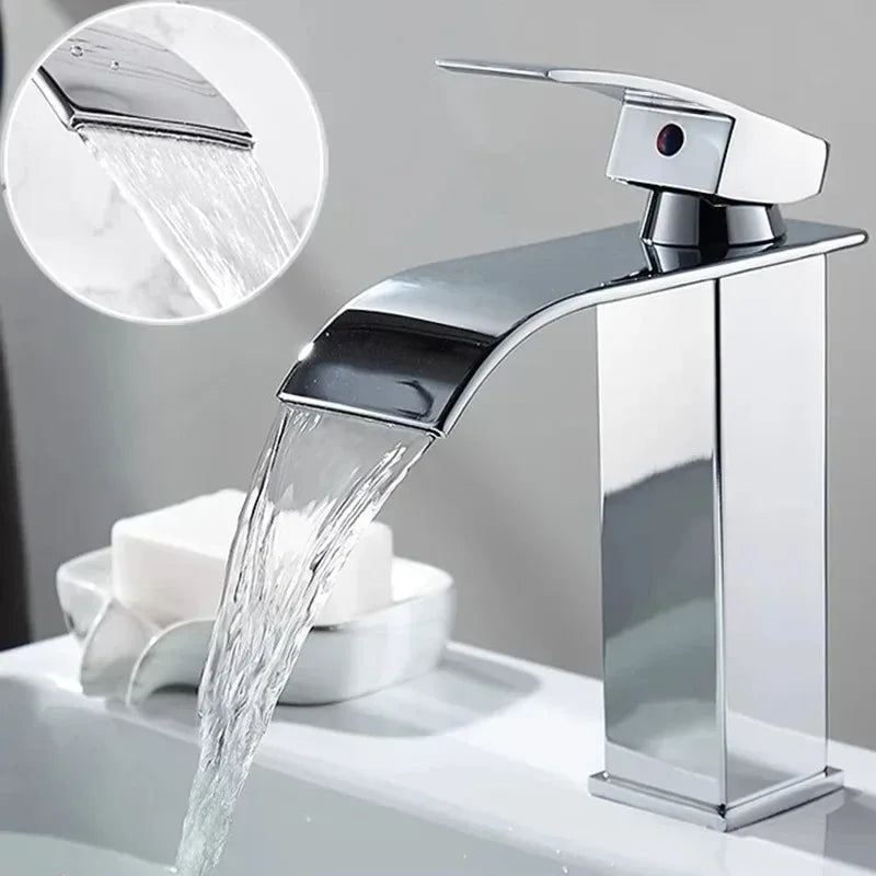 Black Waterfall Bathroom Basin Faucet – Stainless Steel Deck-Mounted High-Low Mixer Tap, Hot & Cold
