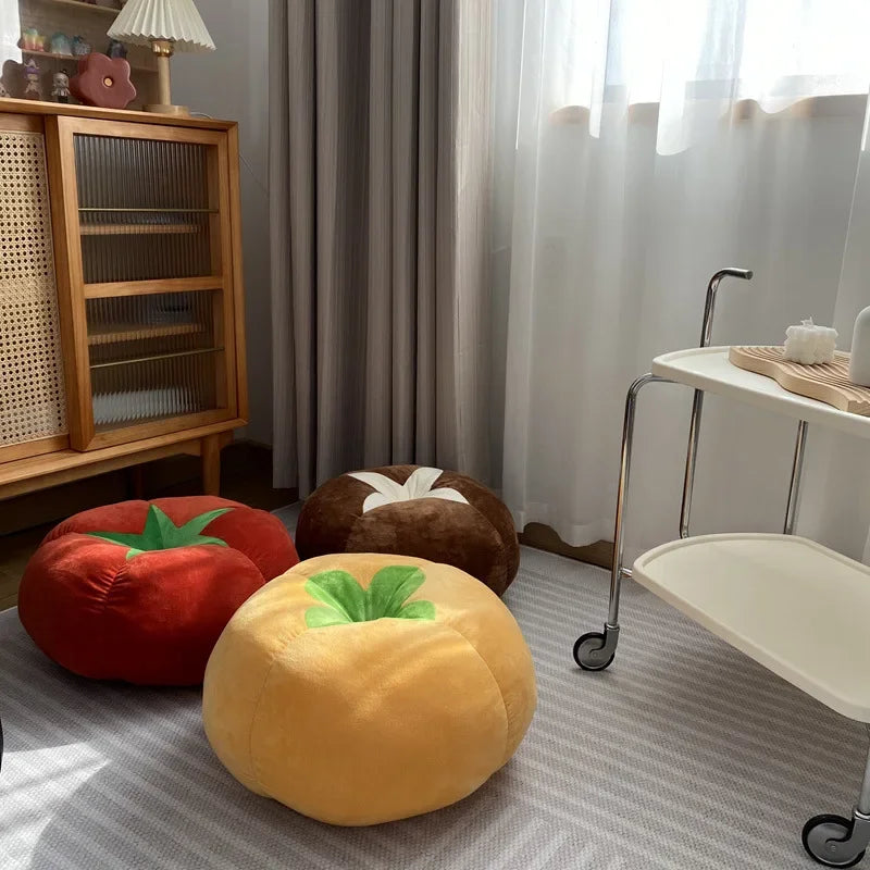 Thickened Round Seat Cushion Plush — Tomato Mushroom Persimmon Vegetable Pillow for Window Seat & Bedroom, Removable & Washable