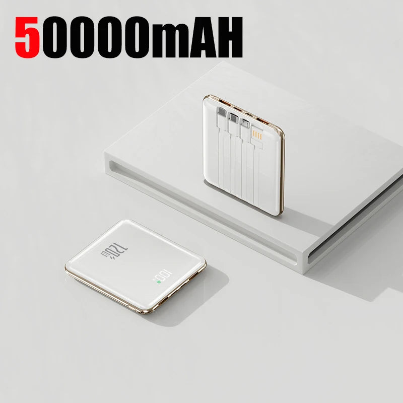 50000mAh Mini Power Bank - Large Capacity Fast Charging Portable Charger with 4 Built-In Cables (USB-C, Lightning, Micro USB) for Smartphones