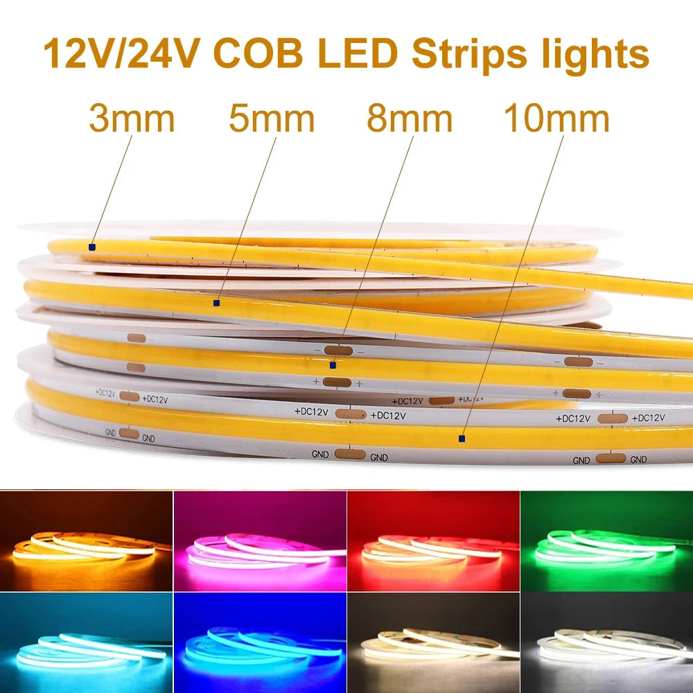 COB LED Strip Light 12V/24V — 3mm 5mm 8mm 10mm PCB Flexible Tape, High CRI >90, RGB & Warm/Cool White (3000K/4000K/6000K)