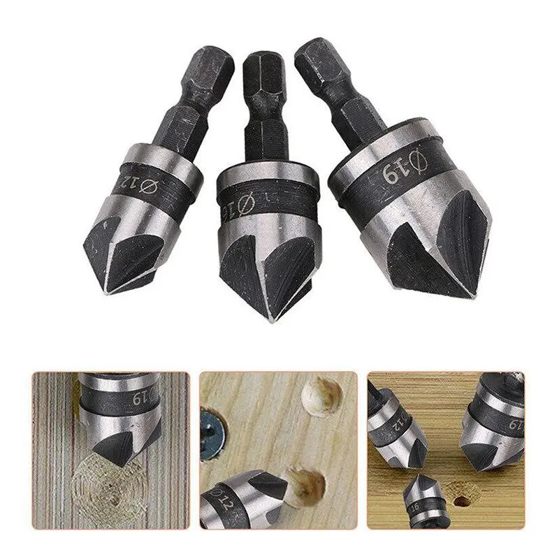 3-Piece 90° Five-Blade Countersink Bit Set - Hex Shank 12/16/19mm (1/4 in / 6.35mm) for Wood