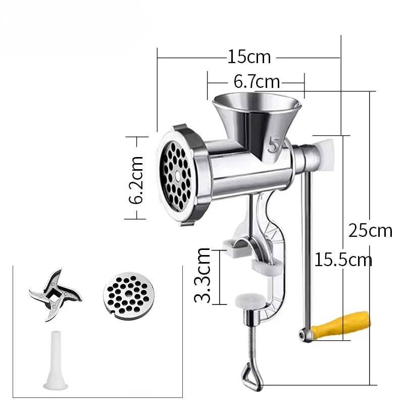 Manual Stainless Steel Meat Grinder Hand Crank with Table Clamp - Multipurpose Food Processor for Meat, Vegetables & Sausage Stuffer
