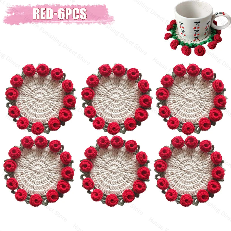 Handmade Crochet Rose Coaster, Heat-Resistant Table Mat for Valentine's Day, Romantic Wedding Gift
