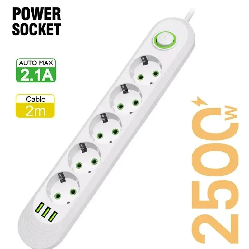 2500W EU Power Strip — 5-Outlet Extension Cord with 3 USB Ports, 2.0m (6.6ft) Cable, Overload Protection