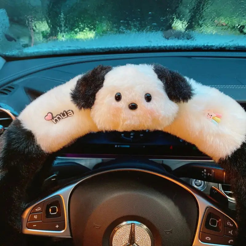 Kawaii Cute Dog Cartoon Steering Wheel Cover 15 in (38 cm) Plush Anti-Slip Warm Car Interior Accessory