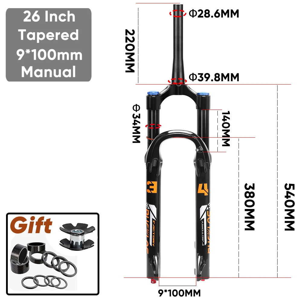 MTB Air Suspension Fork 140mm Travel (5.5in) - 26/27.5/29-inch Wheels - 9x100mm QR Axle - 34mm Stanchion, 28.6mm Steerer