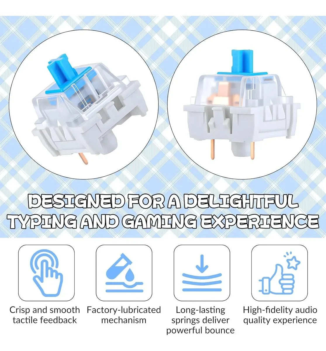 50-Pack Blue 3-Pin Mechanical Keyboard Switches – Clicky Tactile Replacement, LED-Transparent Housing