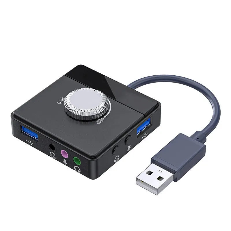 USB External Sound Card with 3-Port USB Hub – Plug-and-Play Audio Adapter for Headset & Microphone, 15Hz–25kHz