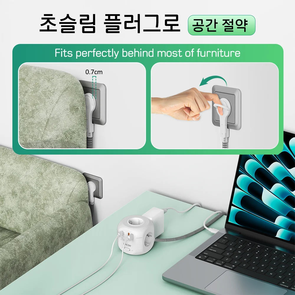 Flat EU Plug Power Strip Cube – 4 AC Outlets, 2 QC3.0 USB + 1 USB-C PD 20W Fast Charging, Surge Protector, 2m Braided Cord