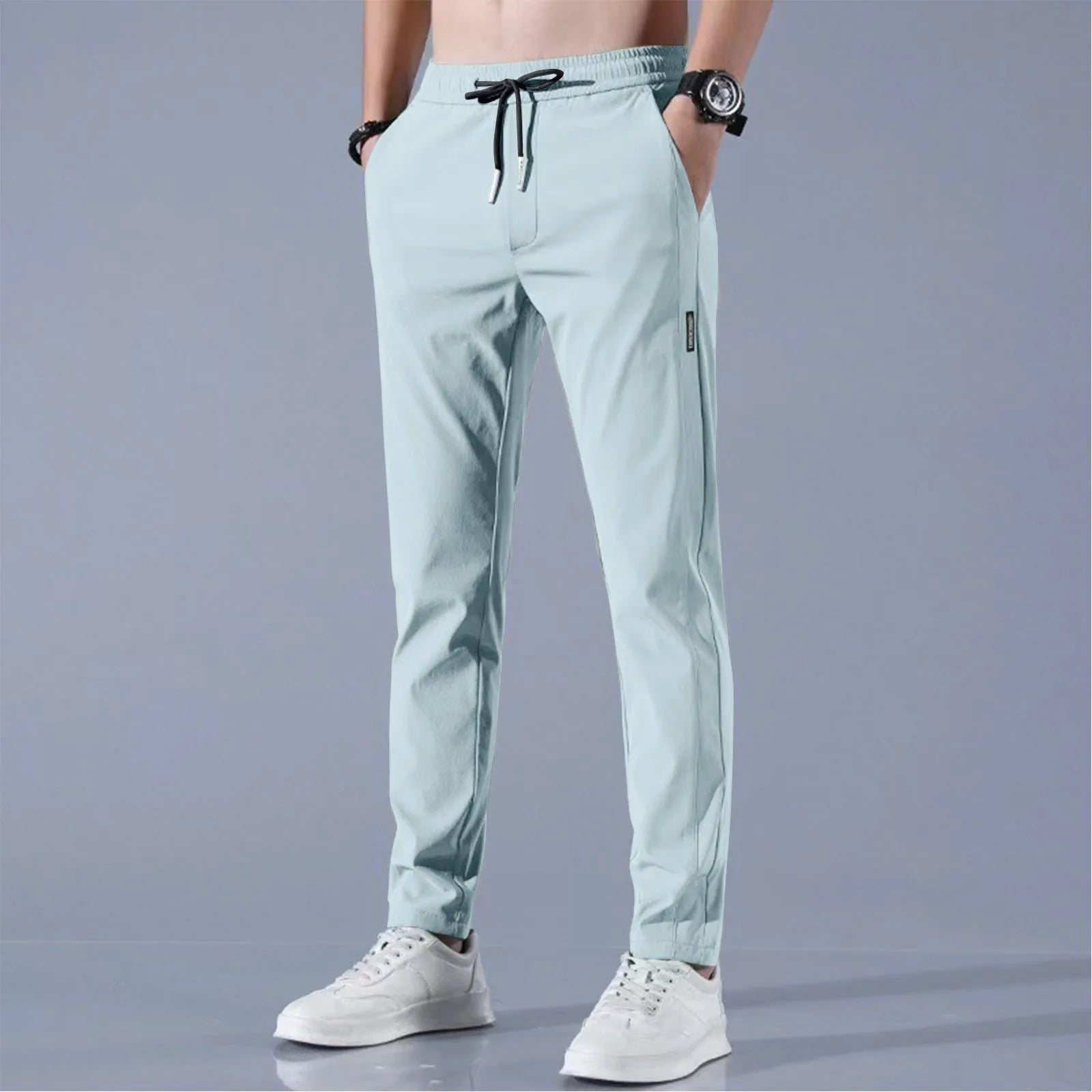 Men's Fast-Dry Stretch Ice Silk Pants - Mid-Waist Breathable Straight-Leg Casual Sports Trousers