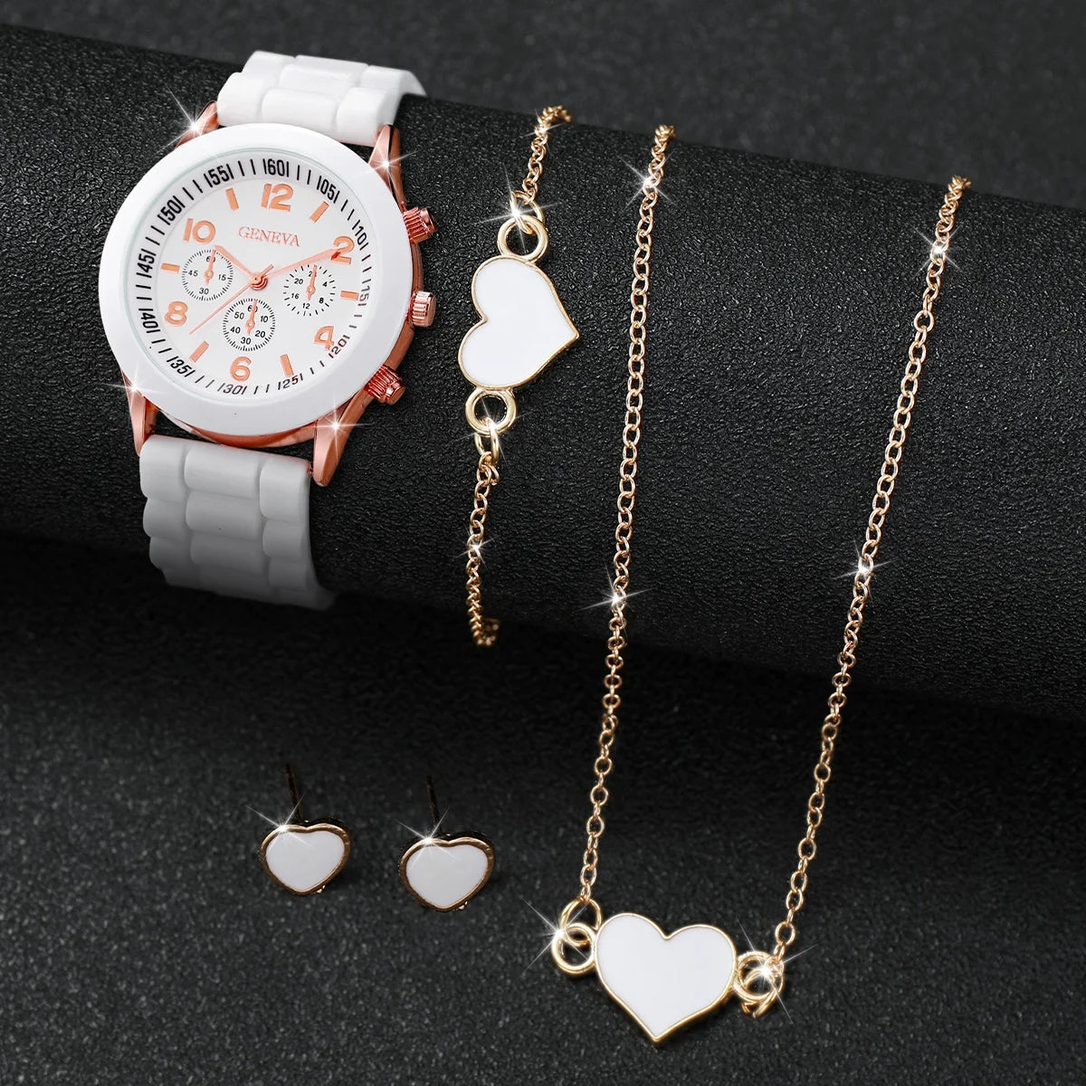 5/6-Piece Women's Quartz Watch Jewelry Gift Set – Silicone Band Watch with Bracelet, Necklace & Earrings