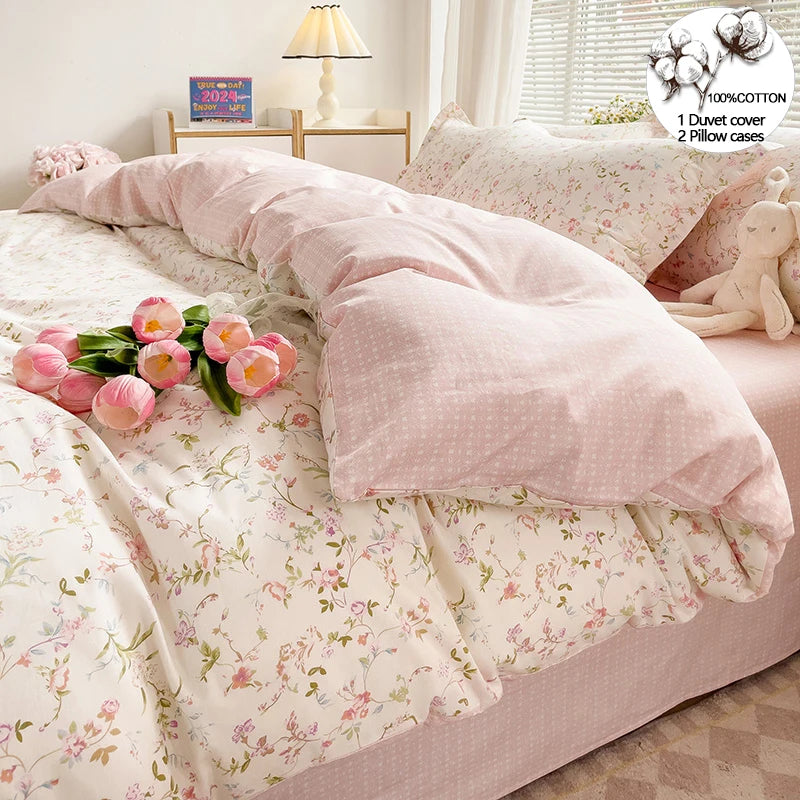 Pastel Floral 100% Cotton Duvet Cover Set - Super Soft 3-Piece (1 Duvet Cover + 2 Pillowcases) - Multiple Sizes 135×200–240×220 cm (53×79–94×87 in)